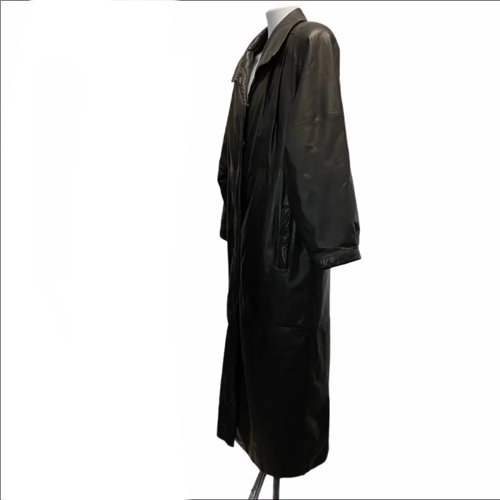 Eddie Bauer 100% Genuine Leather Winter Trench Coat Full Length Black HEAVY DUTY